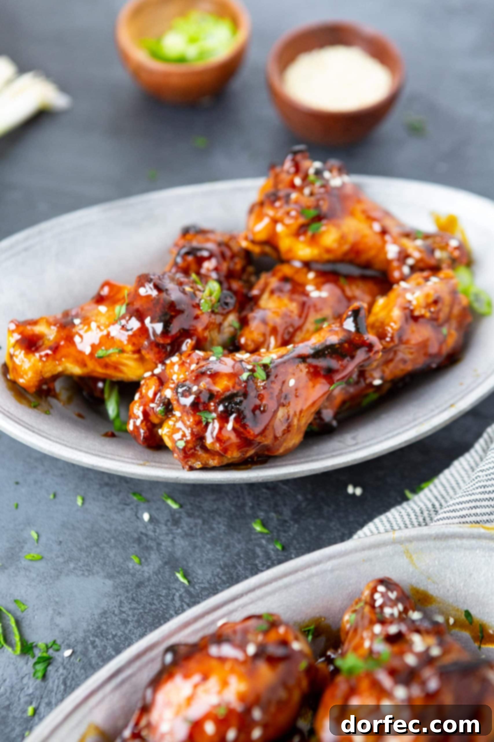 Air Fryer Teriyaki Chicken Wings a photo of several baked chicken wings coated in teriyaki sauce and topped with sprinkled sesame seeds on a large white platter