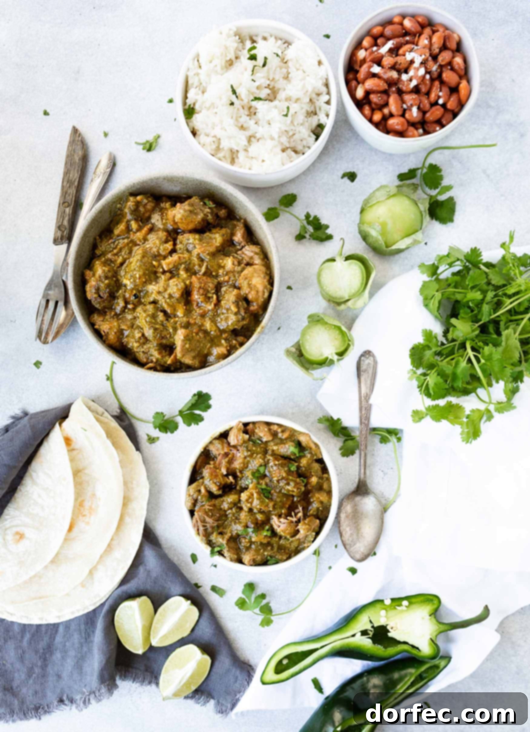 A photo of a full spread of food. There are two bowls of pork chile verde with some folded flour tortillas on the side, whole tomatillos, a bunch of fresh cilantro, lime wedges and a poblano pepper sliced in half.