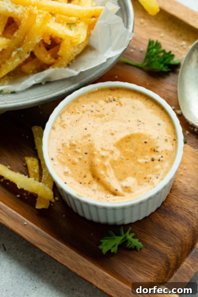 A ramekin dish filled with creamy Cajun dipping sauce, surrounded by a generous portion of golden-brown french fries, ready for dipping.