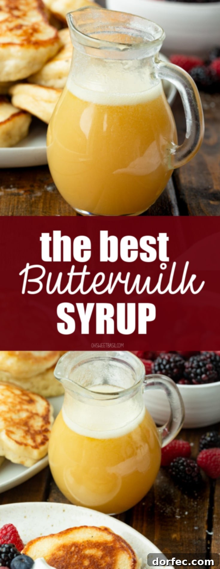 Irresistible Buttermilk Syrup 10 A small glass pitcher of golden buttermilk syrup, with a bowl of fresh berries and a plate of pancakes in the background, making a mouthwatering breakfast spread.