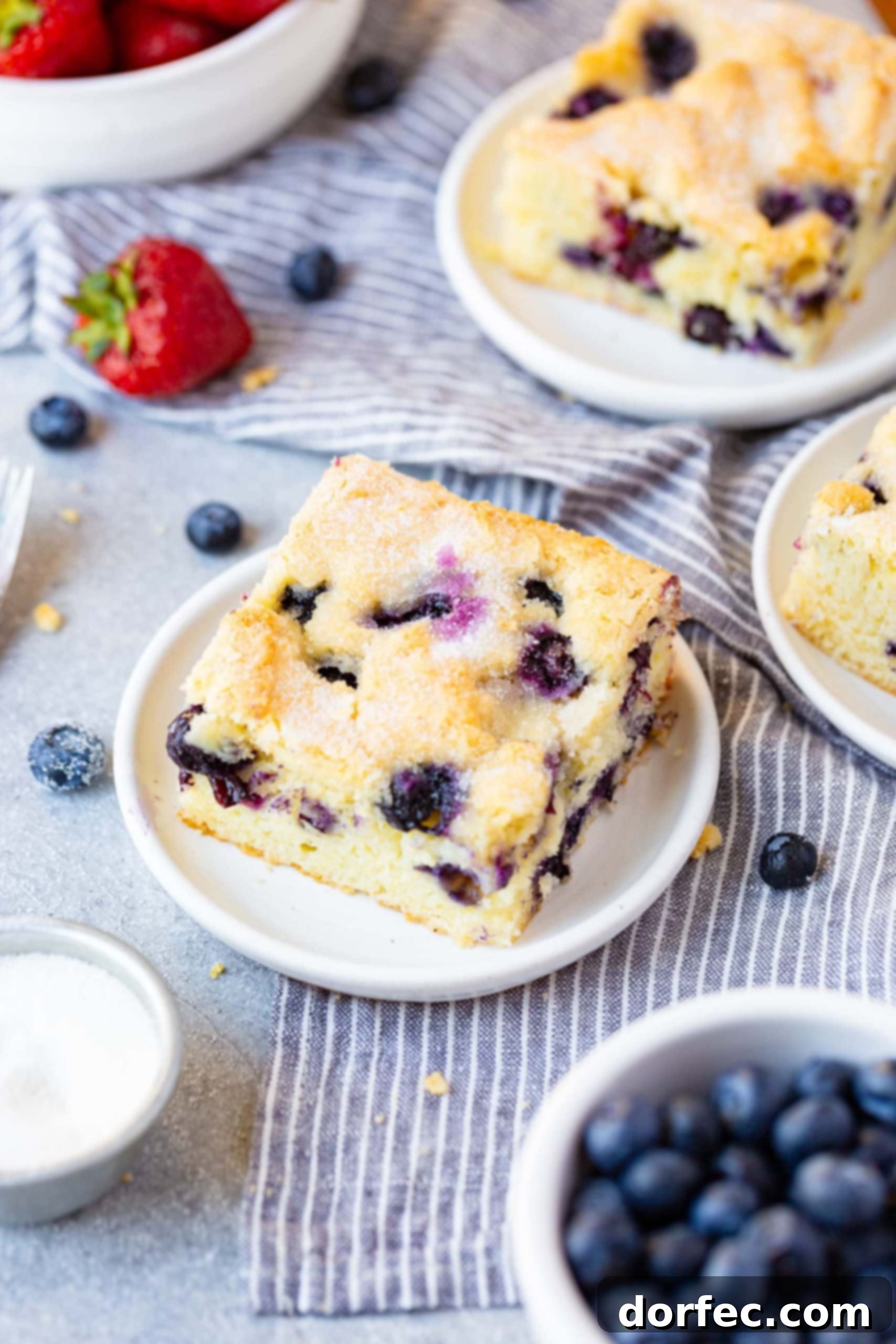 A mouth-watering image showcasing several slices of moist, fluffy buttermilk blueberry breakfast cake on small white plates, each slice adorned with glistening fresh blueberries.