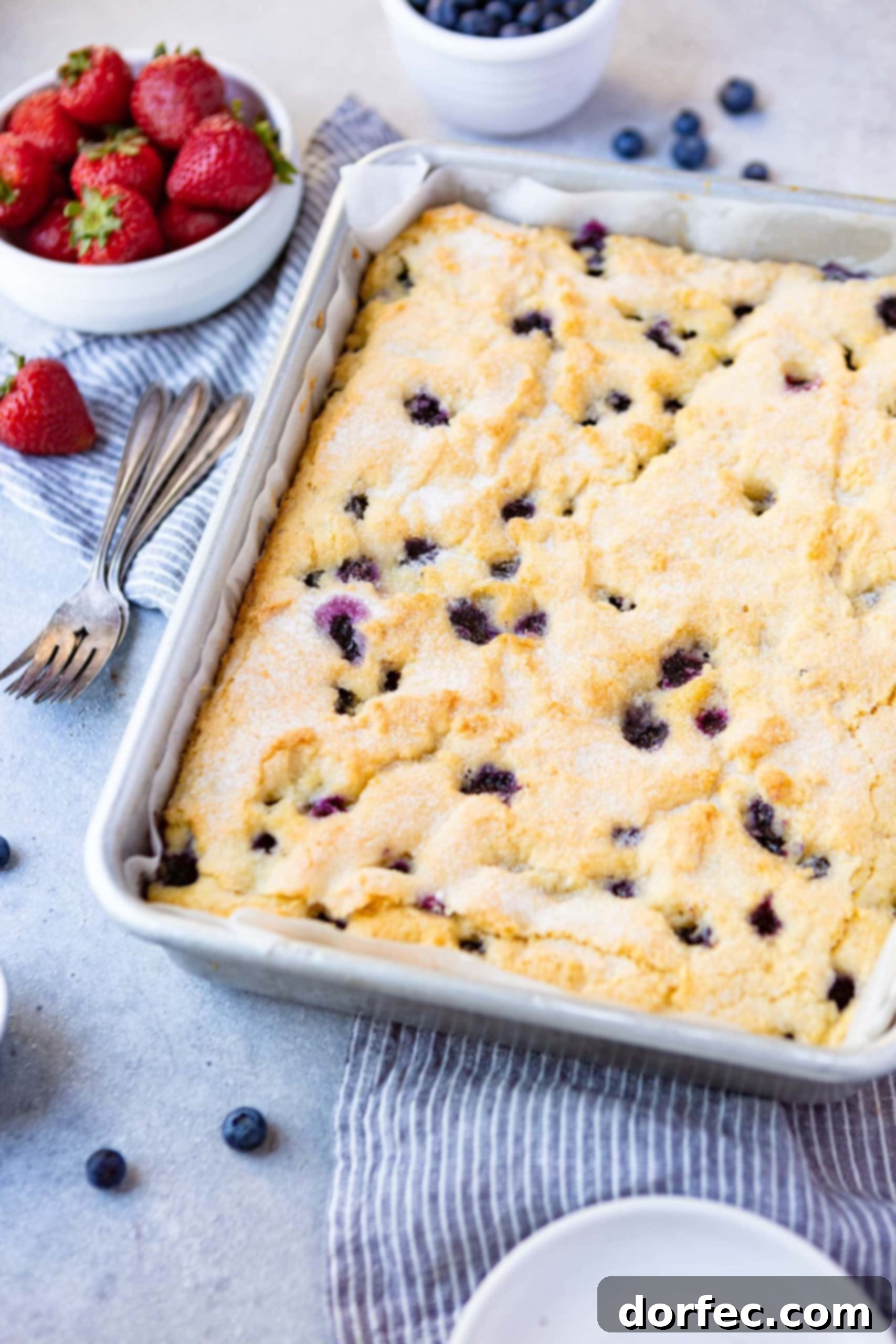 A golden-brown buttermilk blueberry breakfast cake, fresh from the oven, sits invitingly in a 9x13-inch silver baking pan. Two forks are placed alongside, ready to serve.