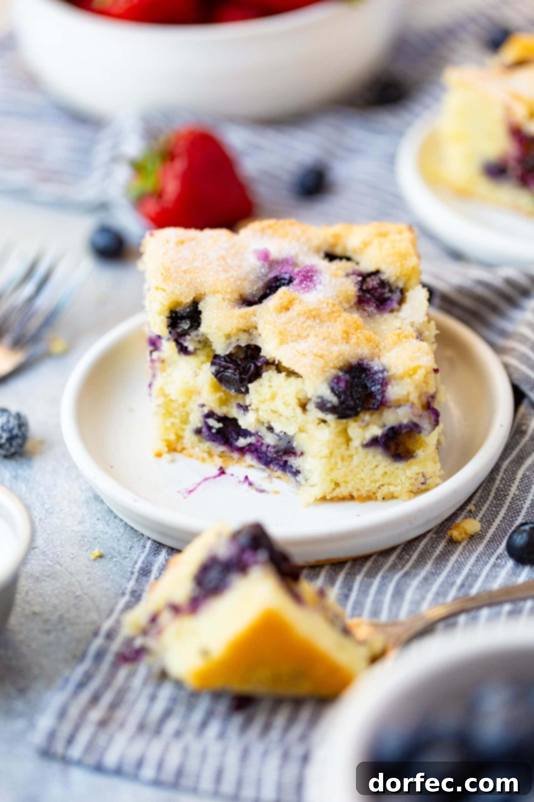 A close-up photo of a tender slice of buttermilk blueberry breakfast cake, with a bite taken out, resting on a fork in the foreground, highlighting its fluffy texture and juicy berries.
