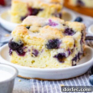 A delicious slice of buttermilk blueberry breakfast cake ready to be served