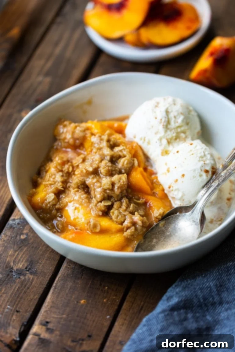 A photo of a white bowl full of smoked fruity dessert with two scoops of melting vanilla ice cream.
