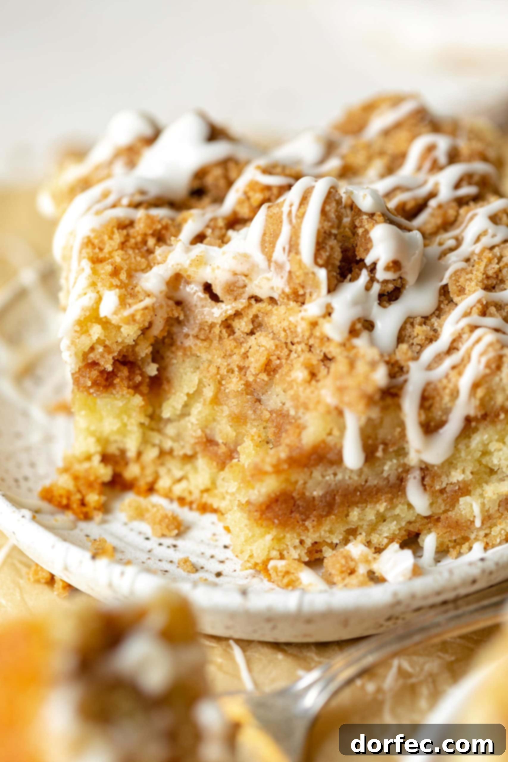 a closeup photo of a piece of moist tender coffee cake with a bite taken out of the corner.