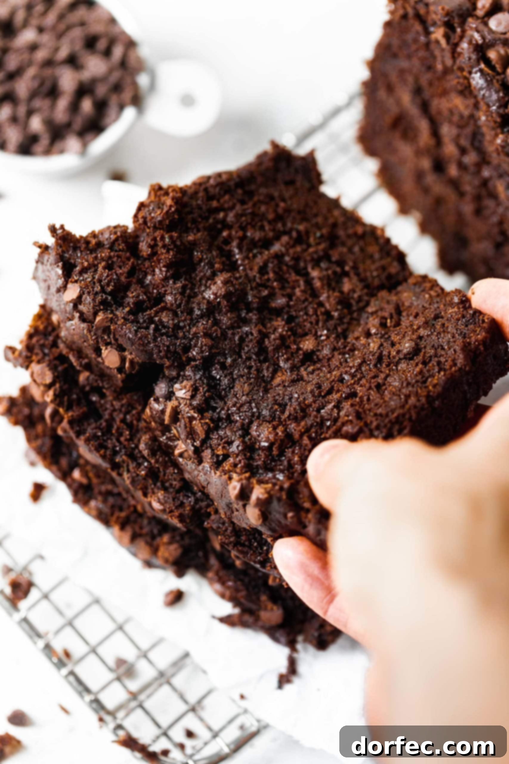 A hand picking up a slice of double chocolate zucchini bread