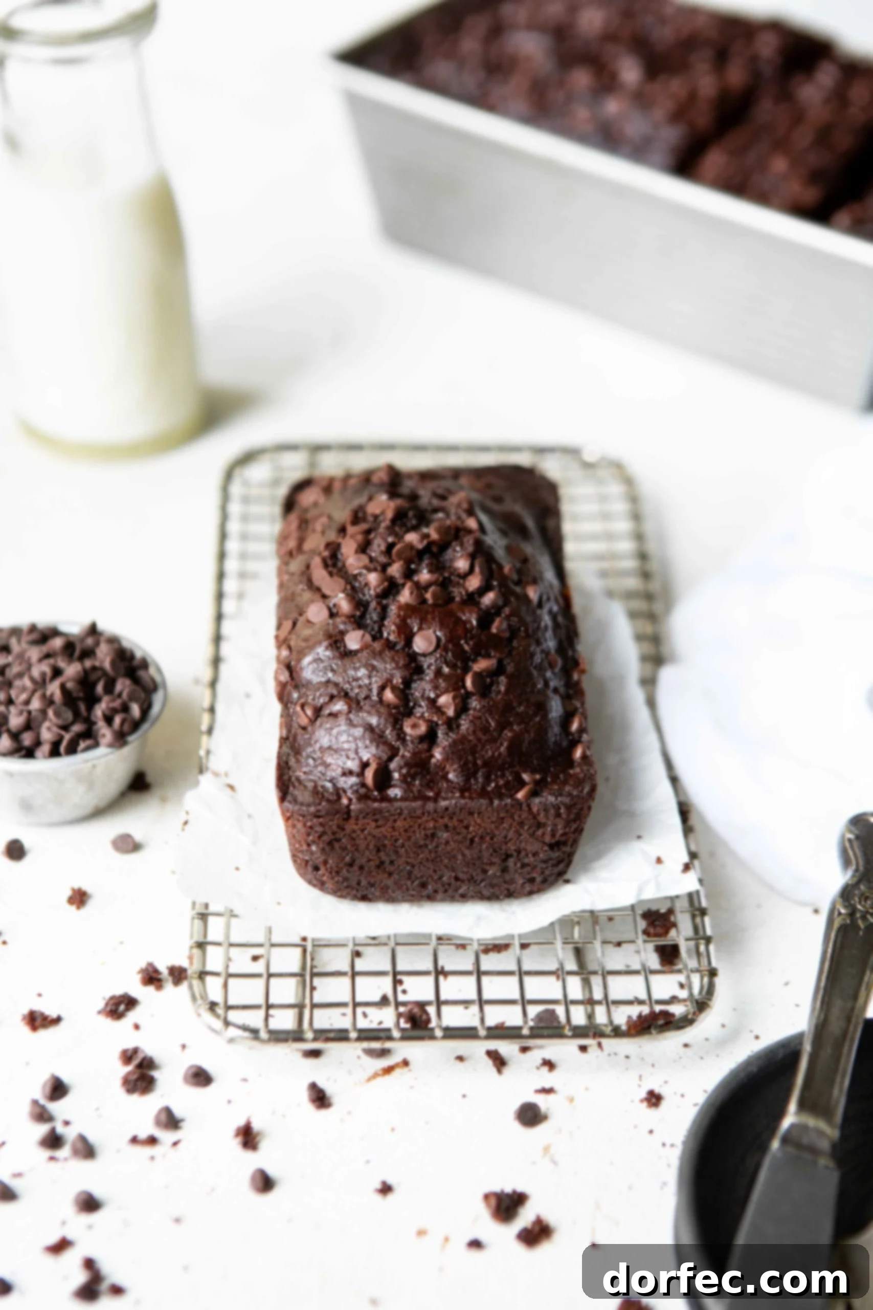 a loaf of double chocolate zucchini quick bread with mini chocolate chips