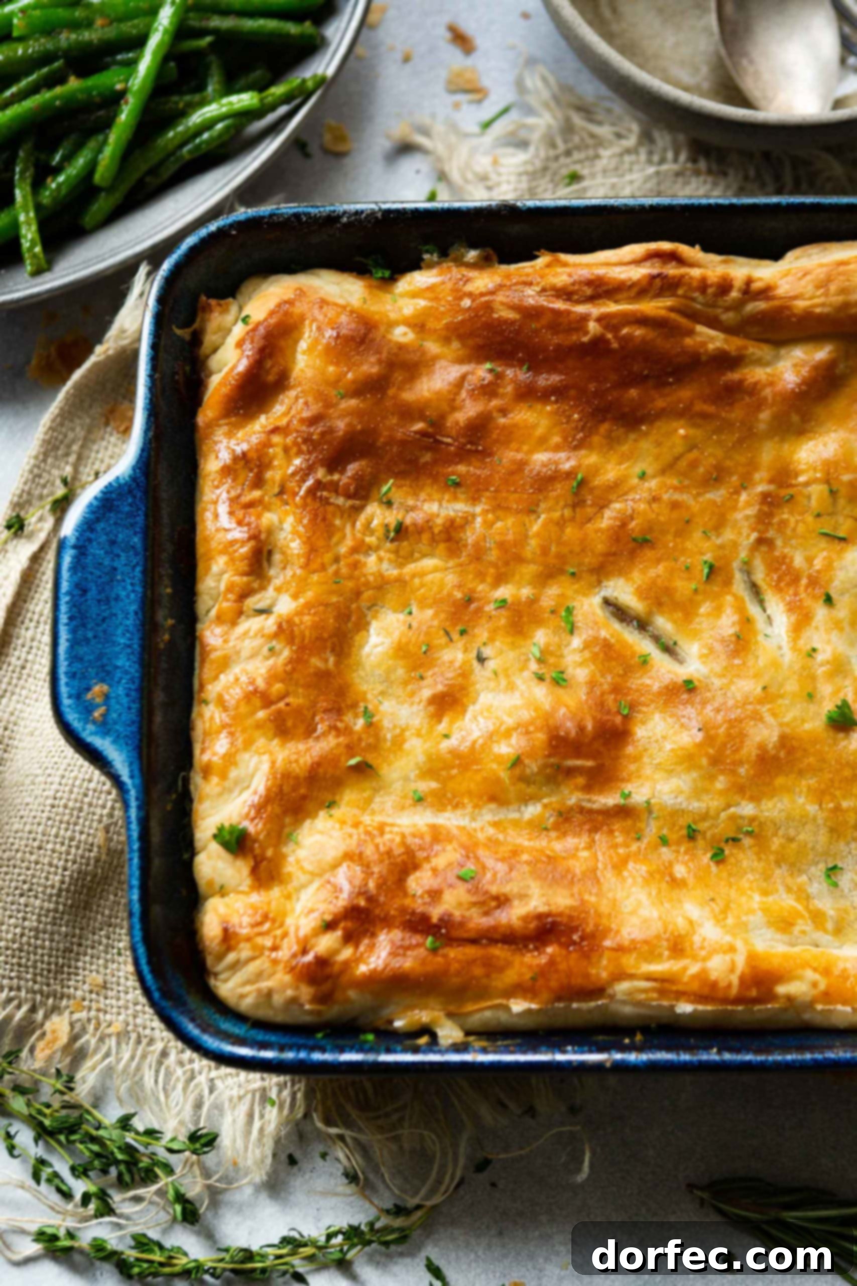 A photo of a dark blue rectangular baking dish filled with beef pot pie, topped with a wonderfully flaky golden puff pastry crust.