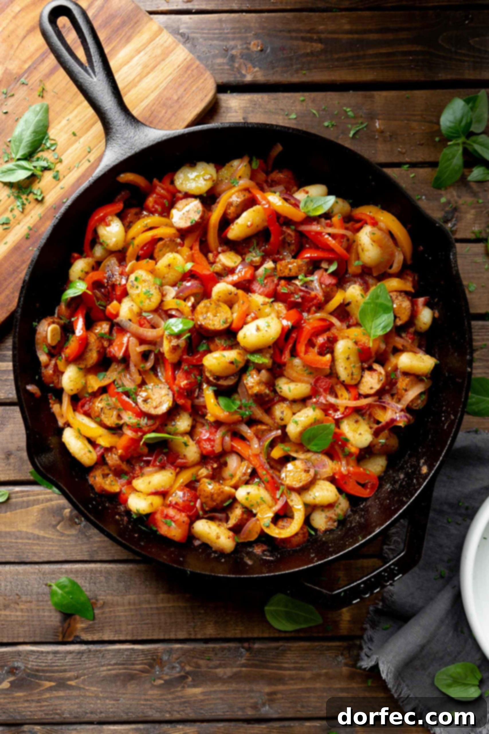 Savory 20-Minute Sausage and Peppers Gnocchi 2 A large cast iron skillet brimming with a colorful mix of crispy golden gnocchi, tender sliced bell peppers and onions, and substantial chunks of savory sausage.