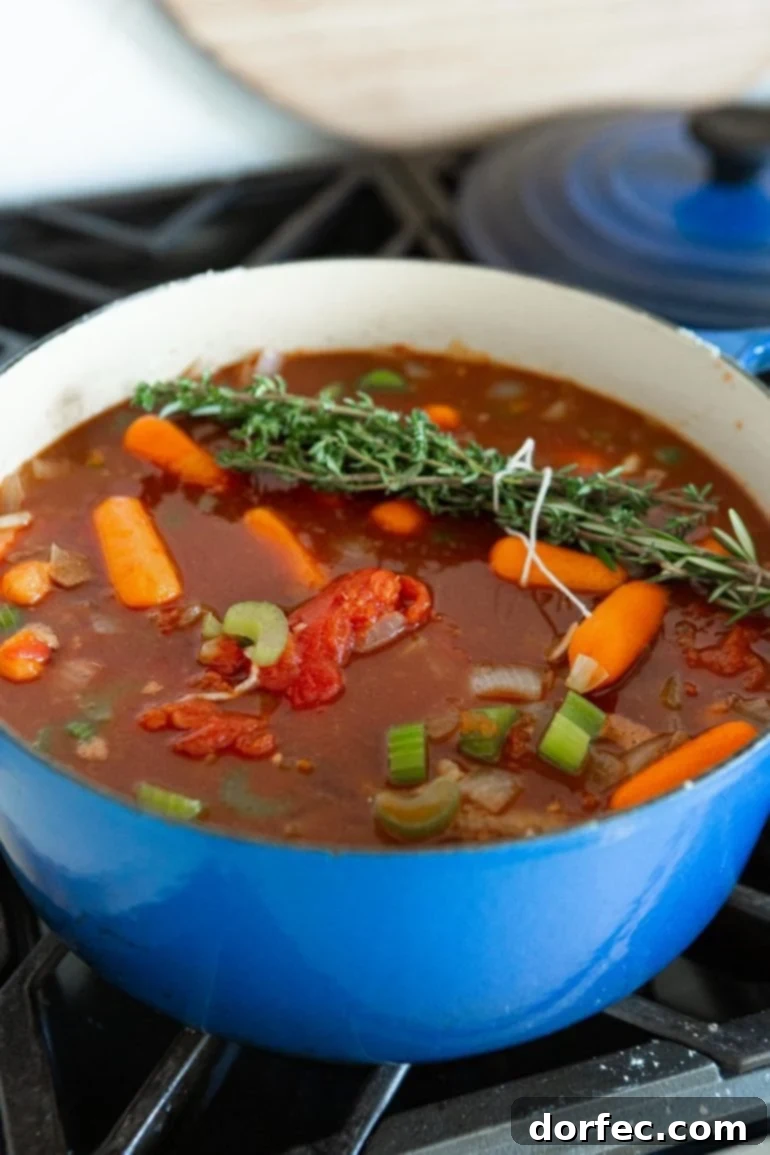 A photo of a large blue dutch oven full of whole baby carrots, diced onions and celery, canned tomatoes, broth and a bundle of fresh thyme and rosemary on top.