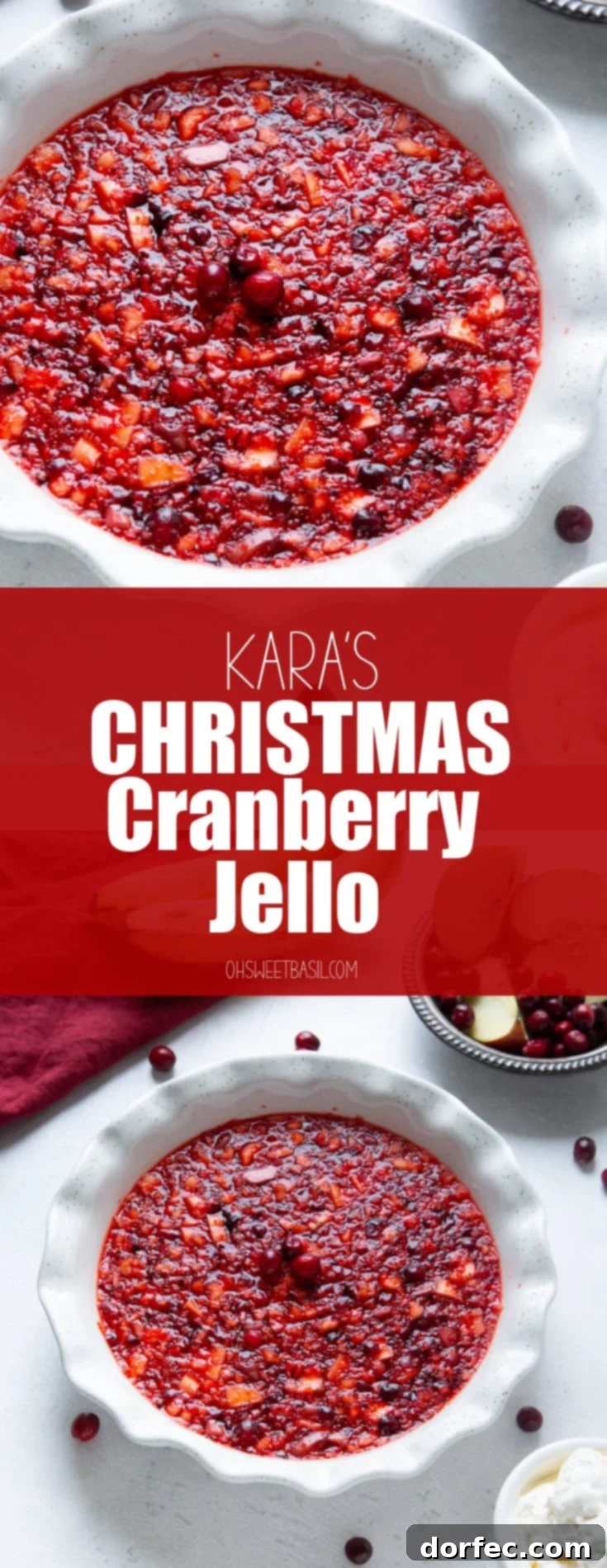 A beautifully presented white ceramic pie dish filled with vibrant Christmas Cranberry Jell-O, surrounded by scattered fresh cranberries for a festive touch.