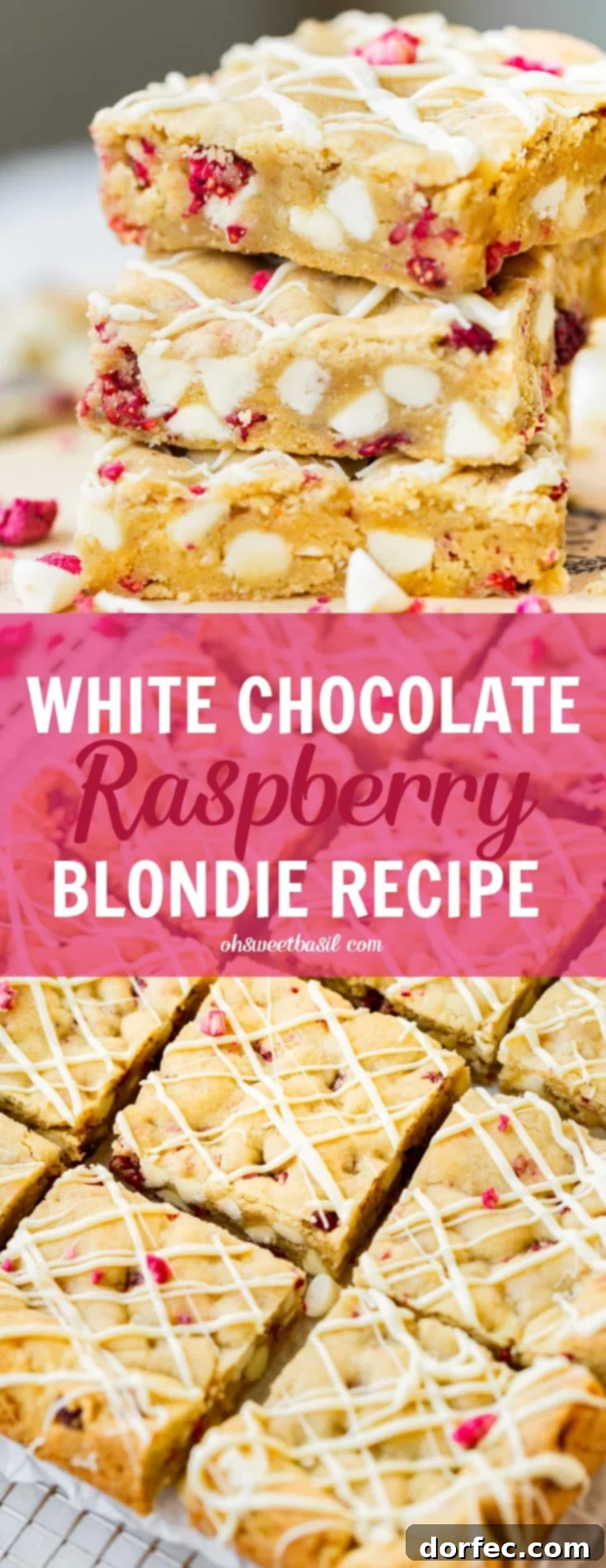 A photo of a stack of three white chocolate raspberry brownies taken so you can see the cross-sections of the blondies, highlighting the texture and inclusions.