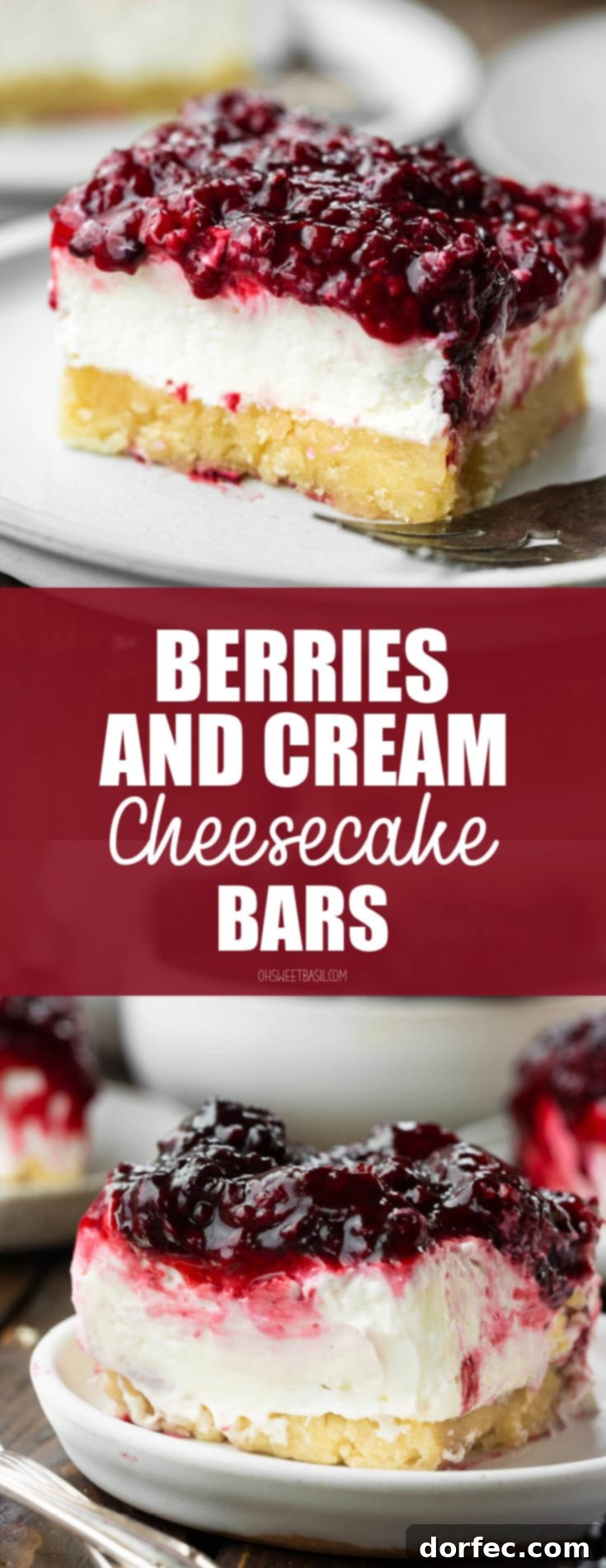 A large, appealing photo of a berries and cream cheesecake bar, showcasing its distinct layers of pie crust, creamy filling, and mixed berry topping.