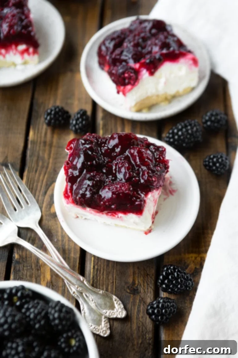 Two white dessert plates holding slices of almost no-bake cheesecake bars, generously drizzled with a rich berry sauce.