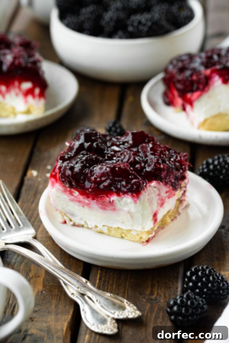 Two white dessert plates showcasing almost no-bake cheesecake bars, adorned with a glossy berry sauce, ready to be enjoyed.