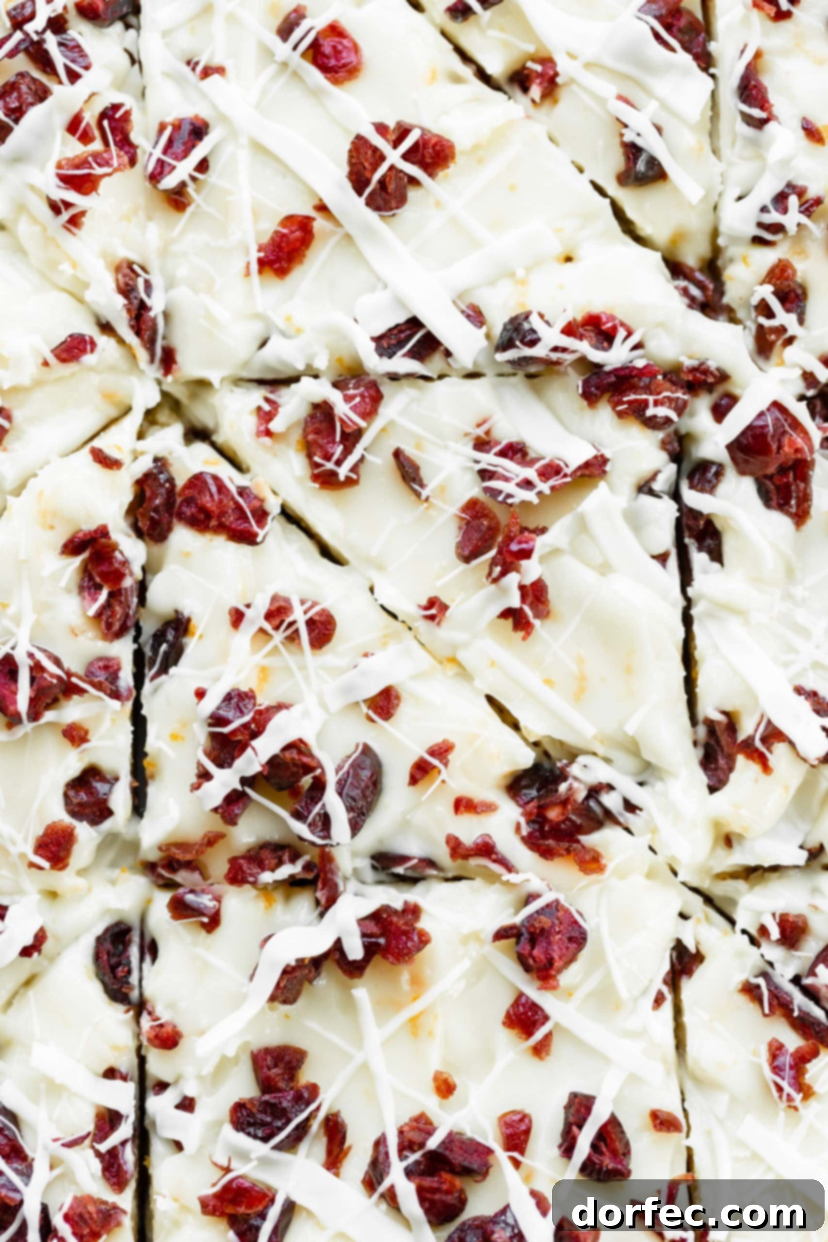 A close-up photo of a single Orange Cranberry Bliss Bar, showcasing its soft texture, white chocolate chips, and dried cranberries, topped with frosting and a drizzle.