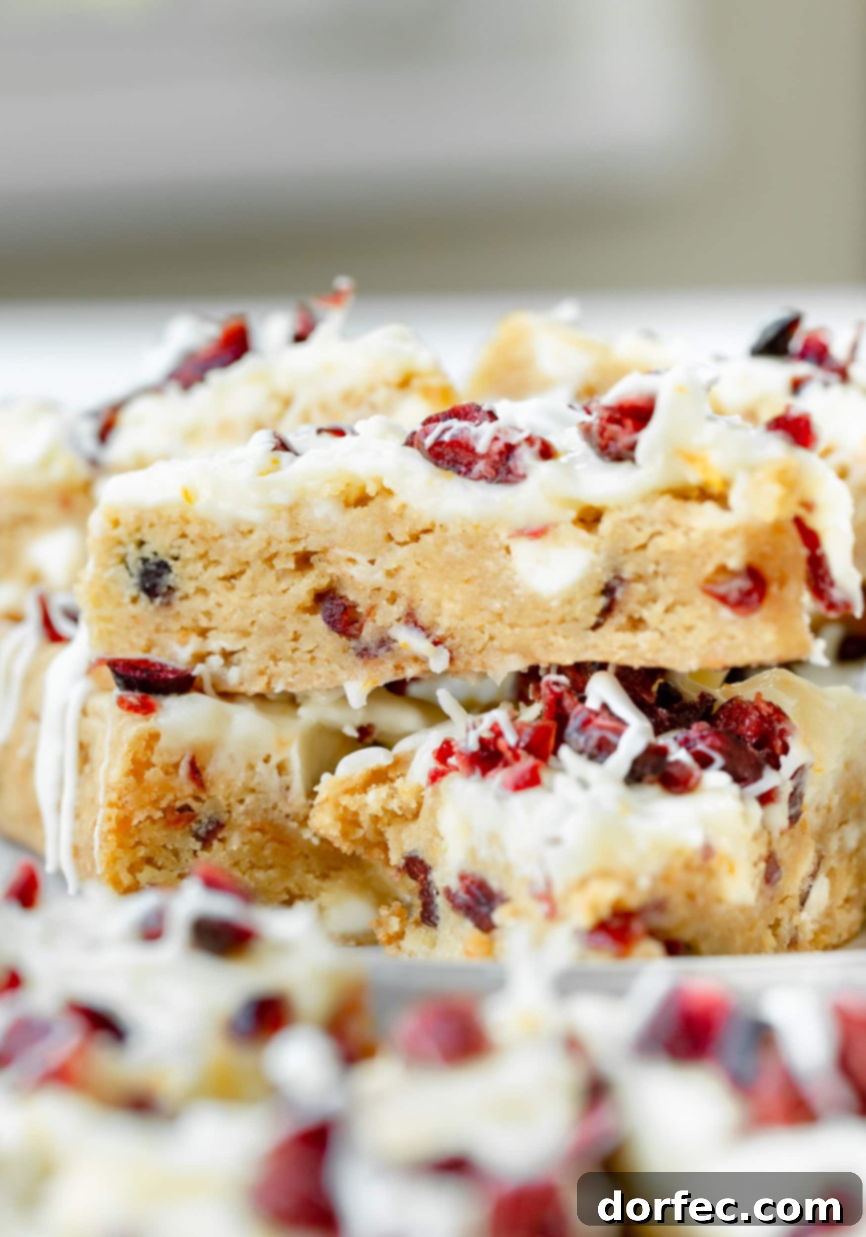 A photo of two orange cranberry bliss bars cut into triangles and stacked, showcasing the cross-section of the blondies filled with white chocolate chips and dried cranberries.