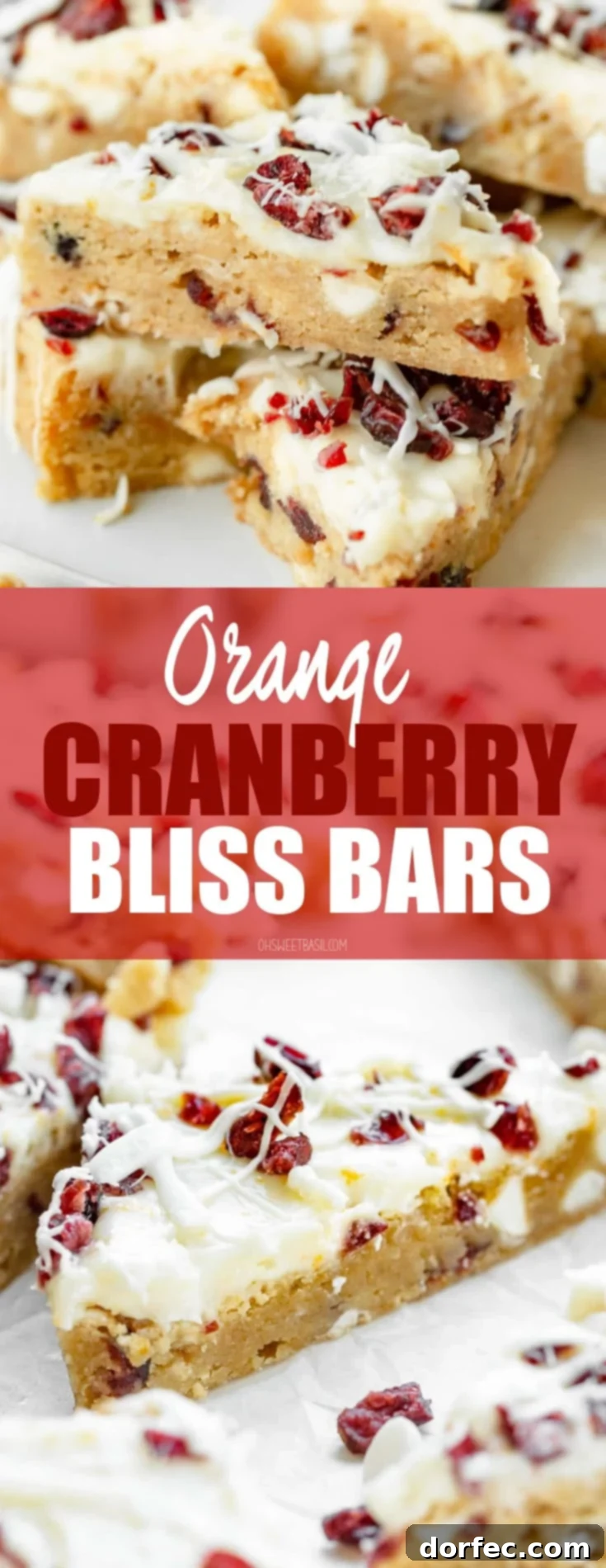 A photo of several orange cranberry bliss bars stack on each other. they are drizzled with a white chocolate drizzle and topped with dried cranberries.