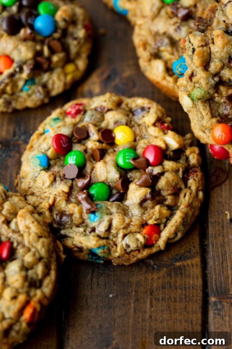 A photo of a thick and chewy monster cookie loaded with mini M&M's, chocolate chips, and oats.