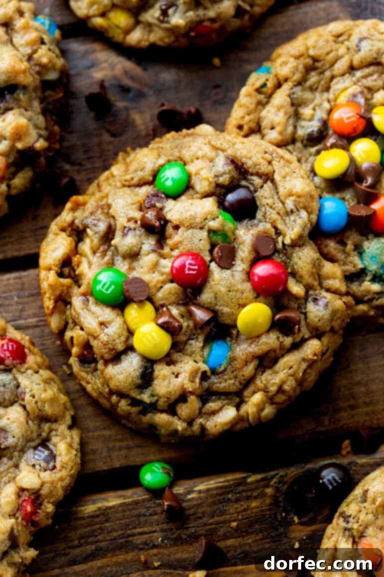 A photo taken over the top of a large baked monster cookie.