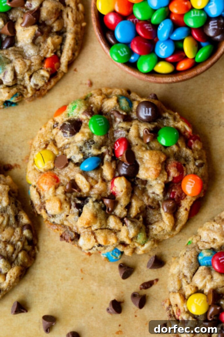 A photo of several large monster cookies loaded with chocolate chips and M&M's.