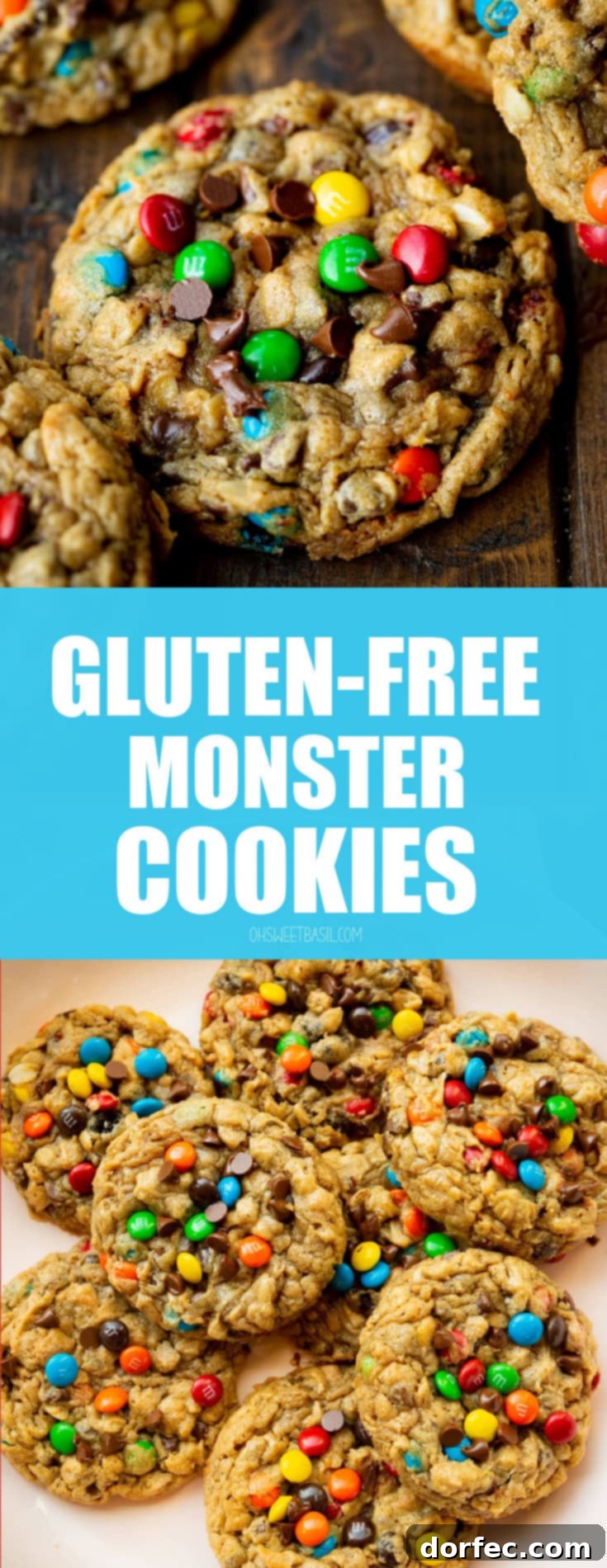 A photo taken over the top of several baked thick and chewy monster cookies.