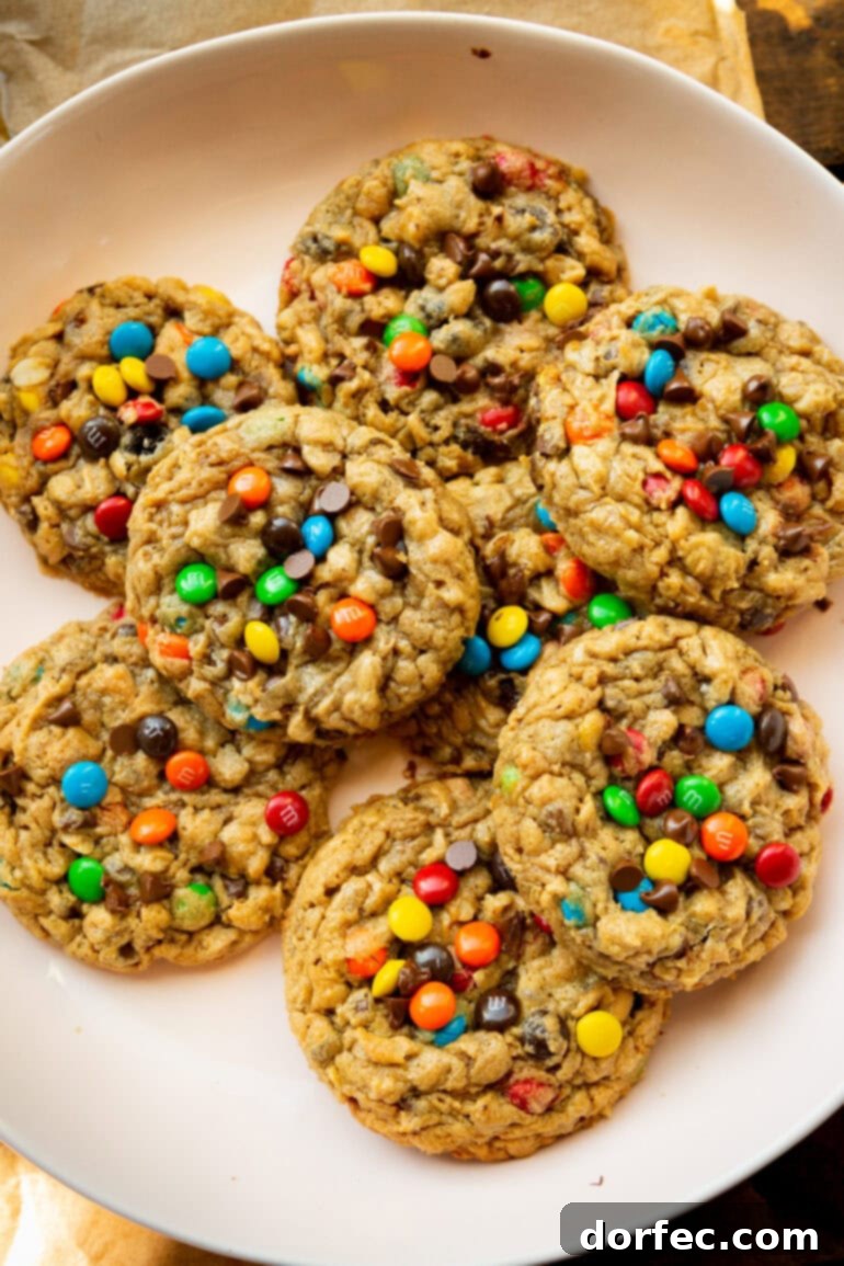 A photo of several monster cookies piled on a white serving plate.