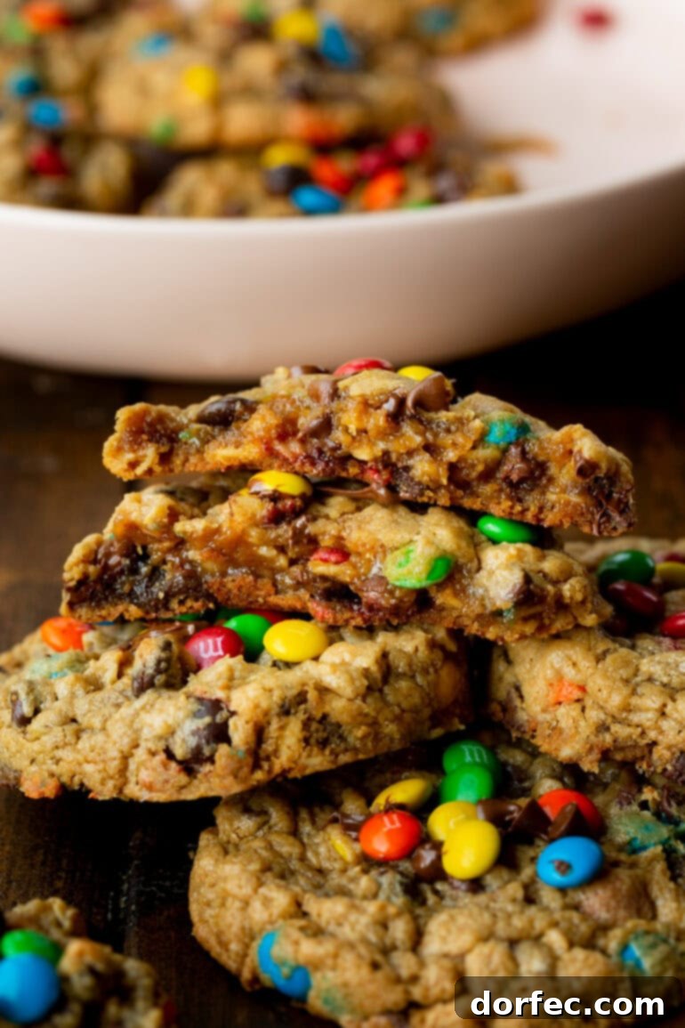 A photo of a monster cookie broken in half and stacked on each other so you can see the cross-section, stacked on a pile of more cookies.