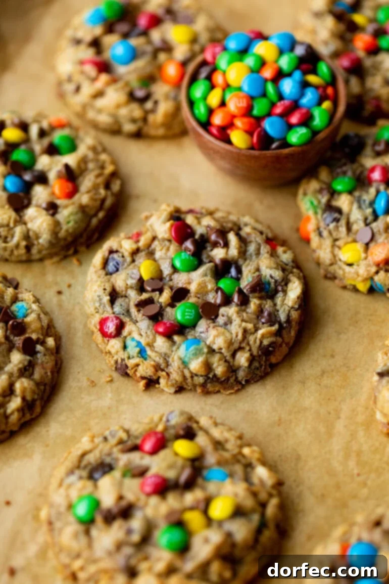 A photo of several baked monster cookies sitting on a baking sheet lined with brown parchment paper.