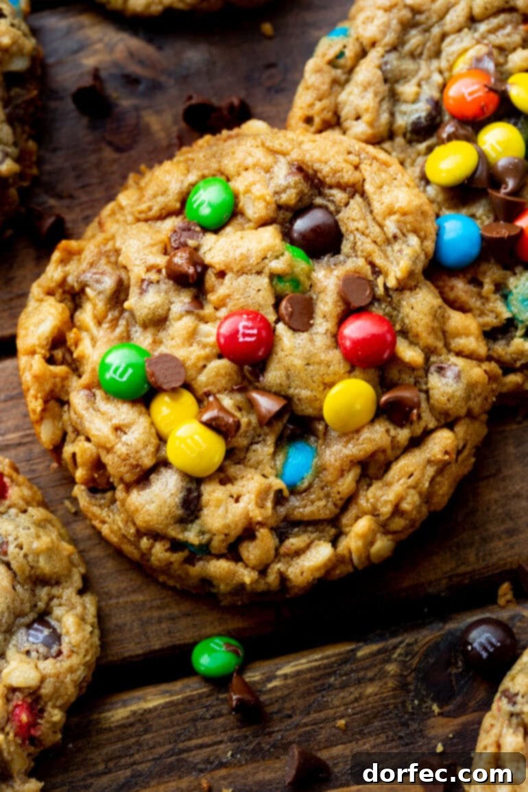 A closeup photo of a single large monster cookie topped with several M&M's and mini chocolate chips.