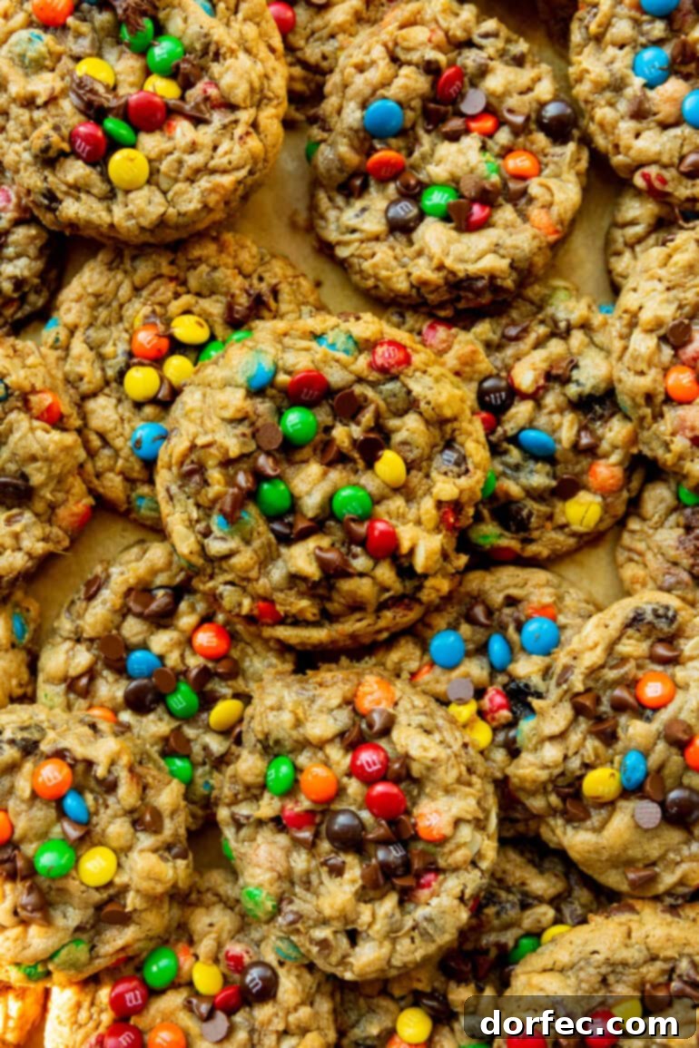 A photo taken over the top of several baked thick and chewy monster cookies.