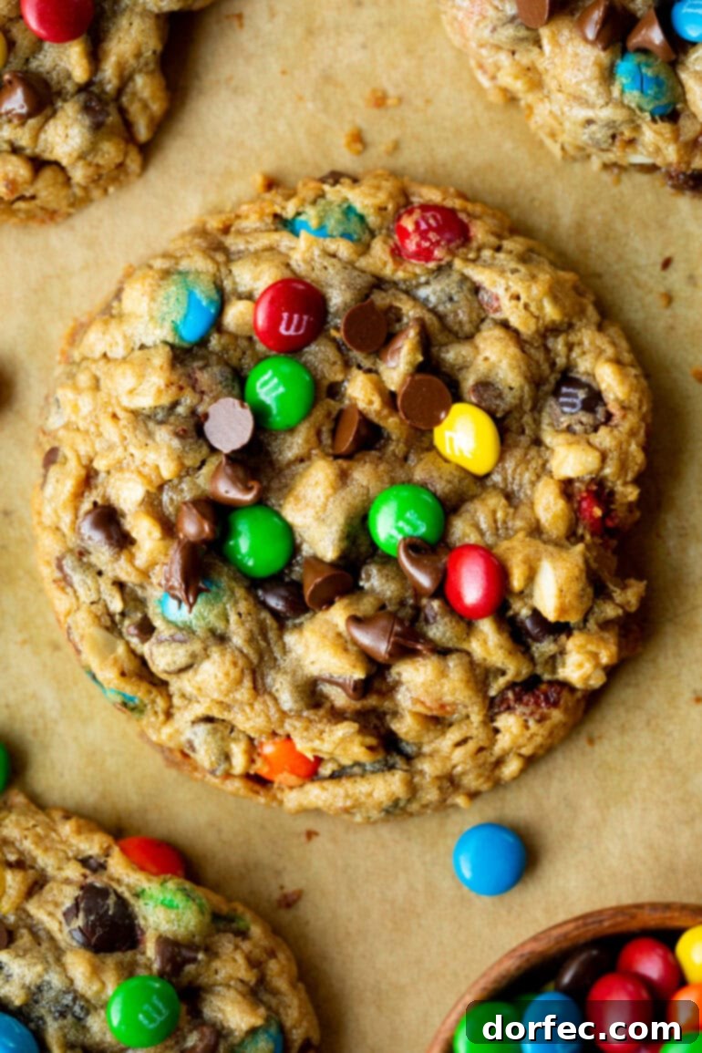 A close-up photo of a baked large flourless monster cookie.