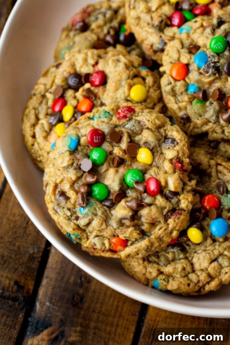 A photo of a bowl of baked large monster cookies.