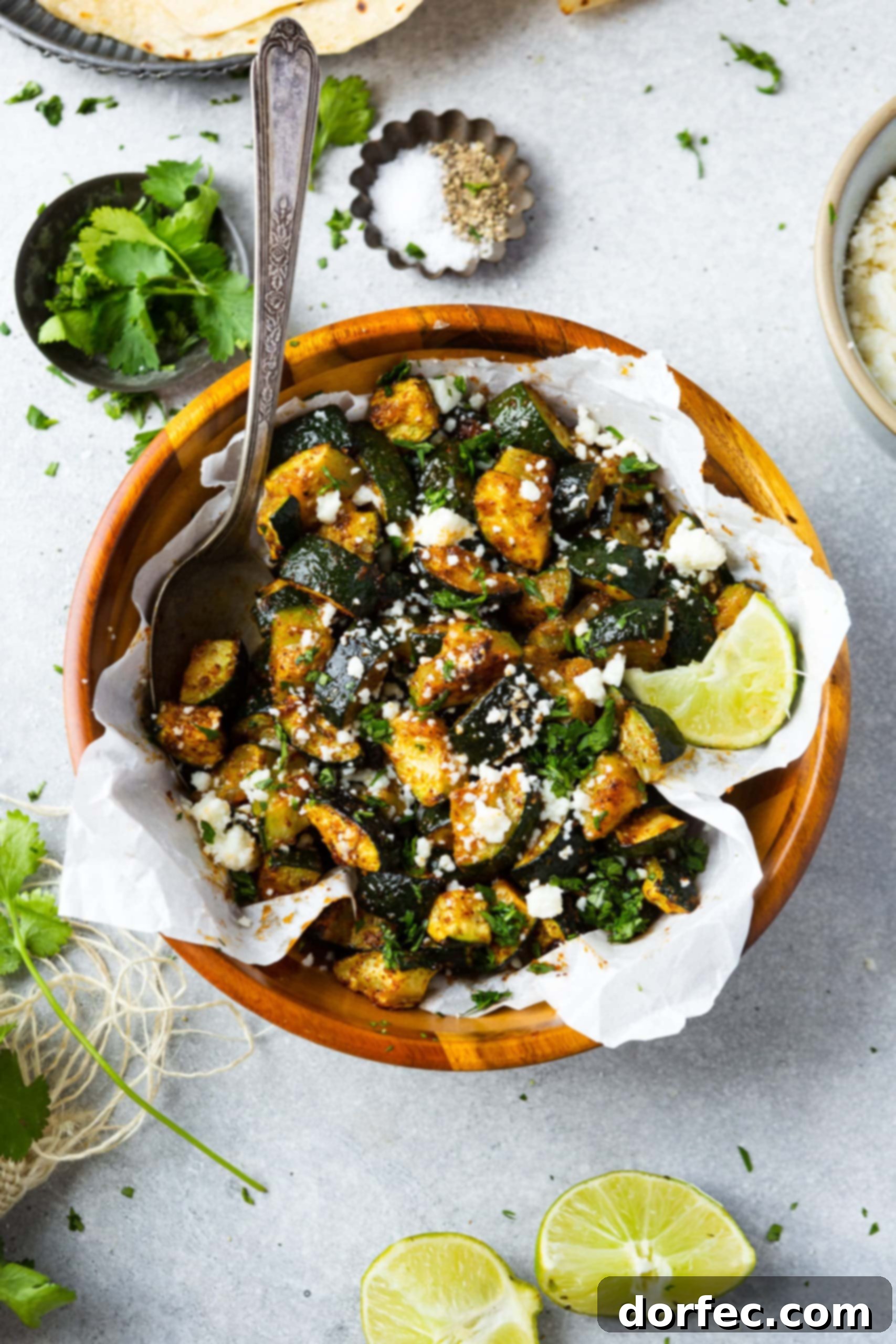 A beautifully presented wooden serving bowl filled with golden-brown Mexican roasted zucchini bites, elegantly topped with crumbled queso fresco and a vibrant lime wedge, with a large silver serving spoon nestled within.