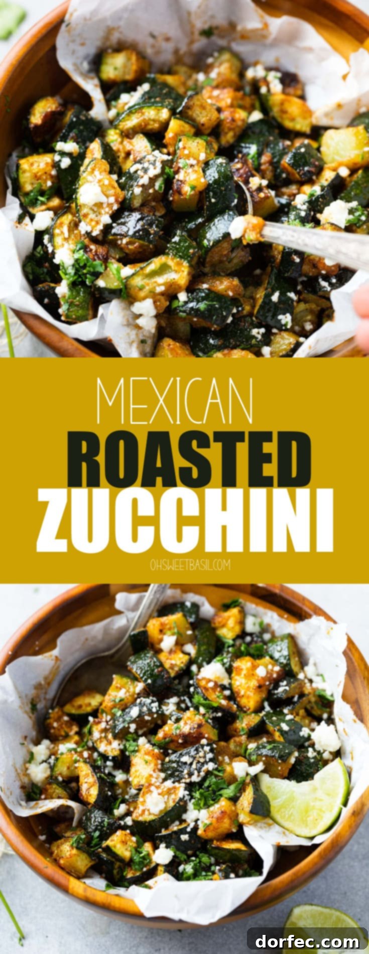 A wooden serving bowl filled with golden roasted zucchini bites, generously topped with crumbled queso fresco and adorned with a fresh lime wedge on the side, accompanied by a large silver serving spoon.