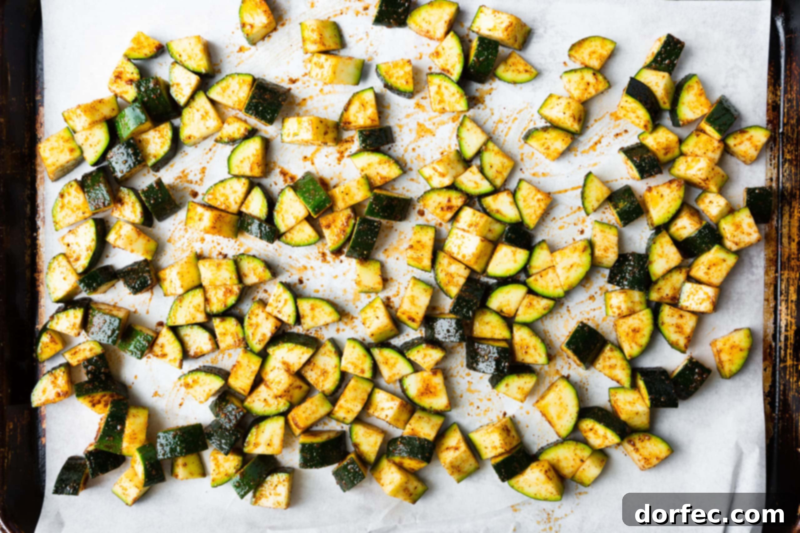 Seasoned raw zucchini chunks spread evenly in a single layer on white parchment paper on a baking sheet, ready for roasting.