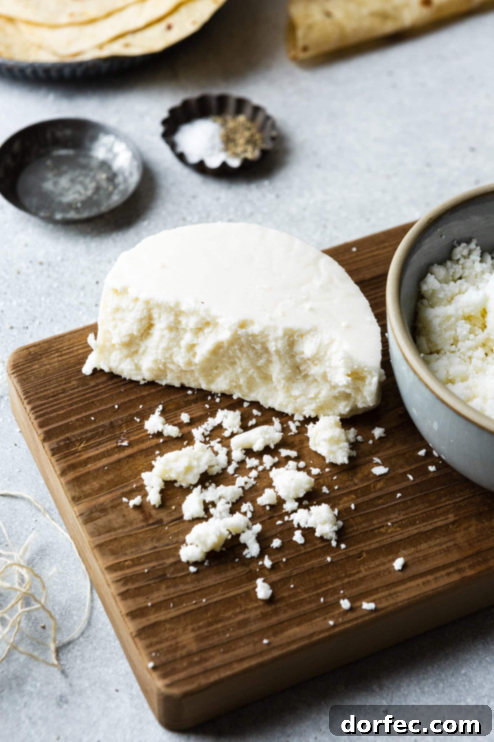 A block of queso fresco, partially crumbled, resting on a rustic wooden cutting board, showcasing its fresh, crumbly texture.
