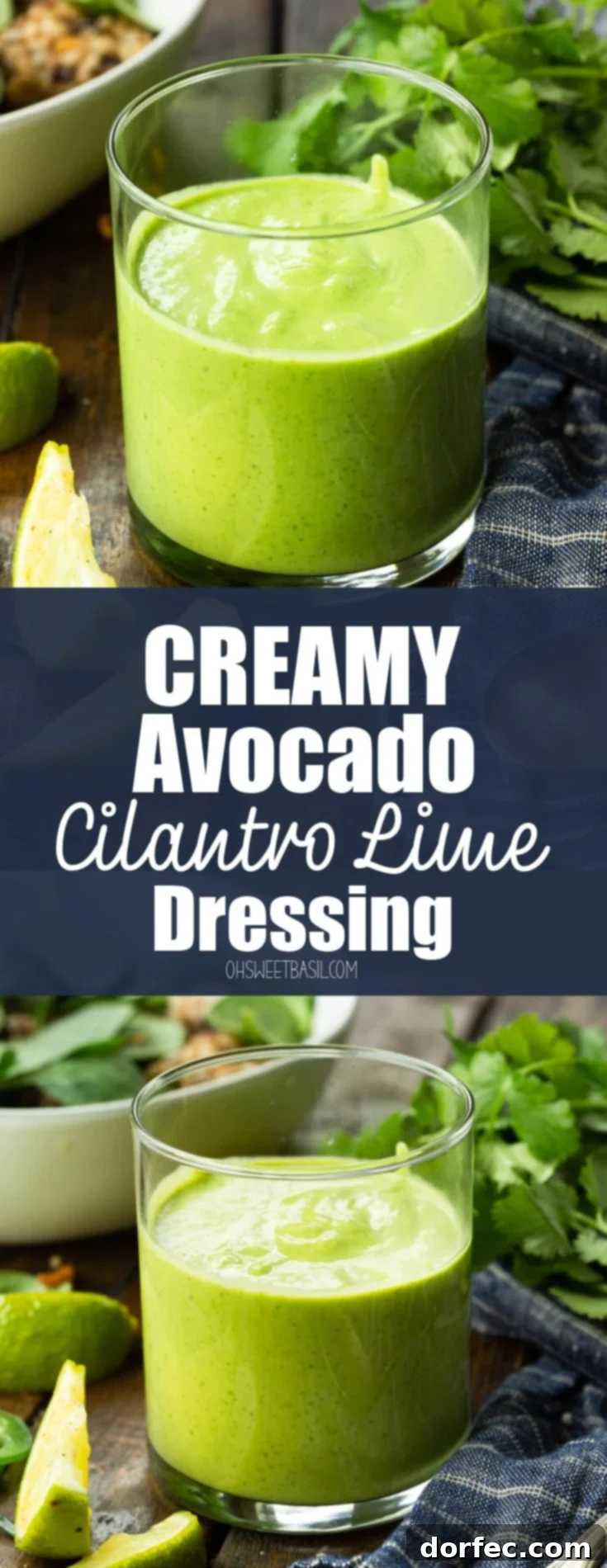 A vibrant close-up of a glass cup filled with creamy avocado cilantro lime dressing, ready to be served.