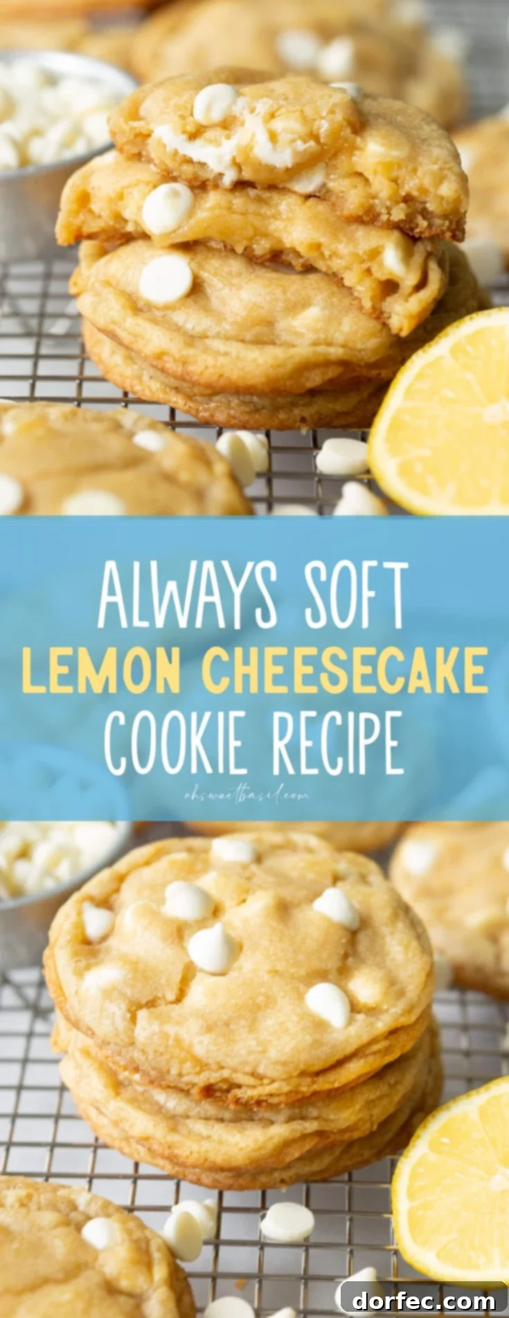 Soft Lemon Cheesecake Cookies 3 A mouthwatering photo of a stack of cookies from our melt-in-your-mouth soft lemon cheesecake cookie recipe, brimming with white chocolate chips. The top cookie is broken in half, revealing its irresistibly soft, luscious interior that’s impossible to resist!