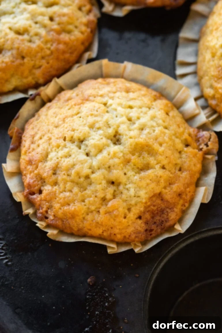 Overhead shot of a perfectly baked, golden brown banana muffin in a paper liner.