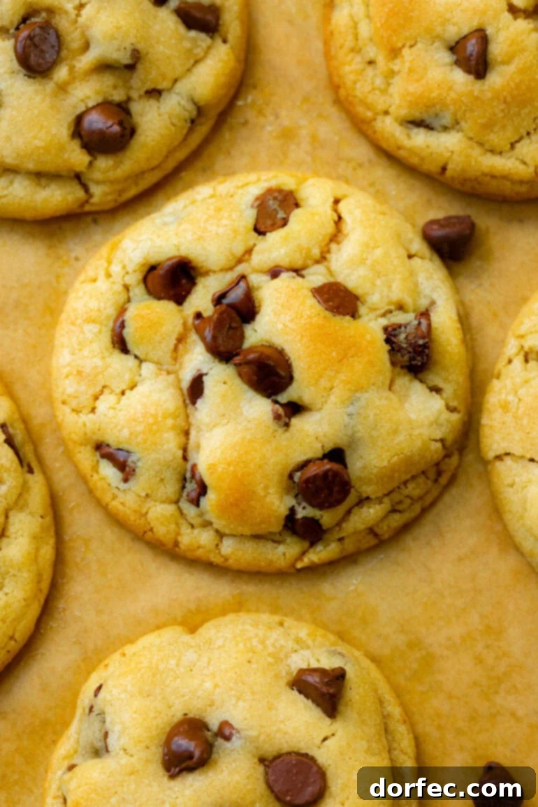 The Secret Ingredient Chocolate Chip Cookies 3 A beautiful overhead shot of a freshly baked, golden-brown chocolate chip cookie with a bite taken out, surrounded by other perfect cookies on a sheet of brown parchment paper.