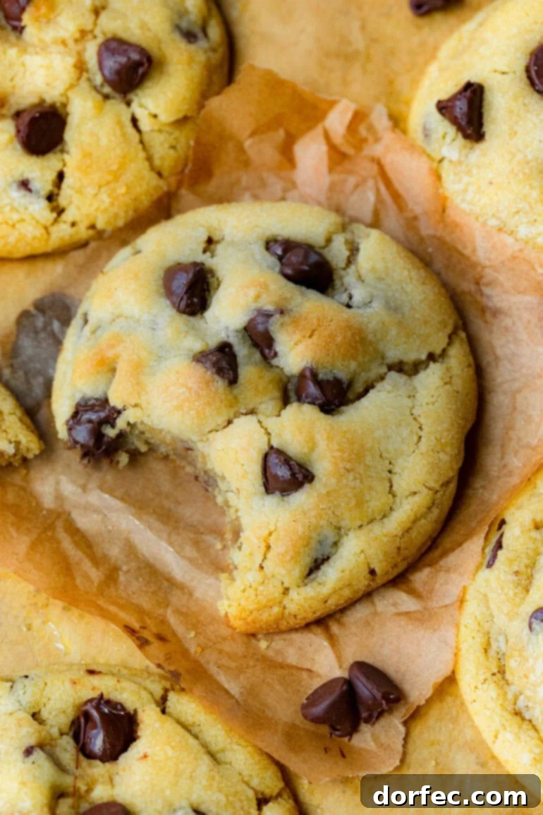 The Secret Ingredient Chocolate Chip Cookies 4 A tantalizing photo taken from above, showcasing a warm, golden-baked cookie with luscious white chocolate chips, and a perfect bite taken out, revealing its soft interior.