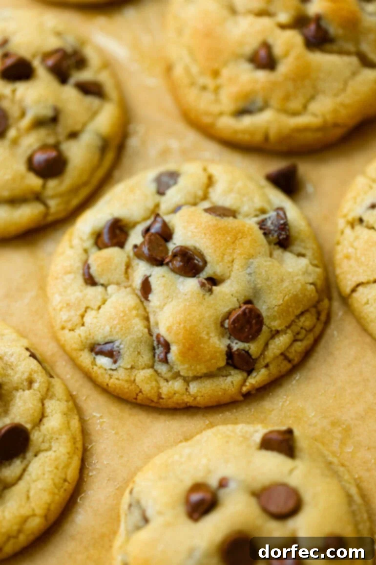 The Secret Ingredient Chocolate Chip Cookies 6 A stunning photo of a tray brimming with golden-baked cookies, lovingly arranged on a sheet of brown parchment paper, ready to be enjoyed.
