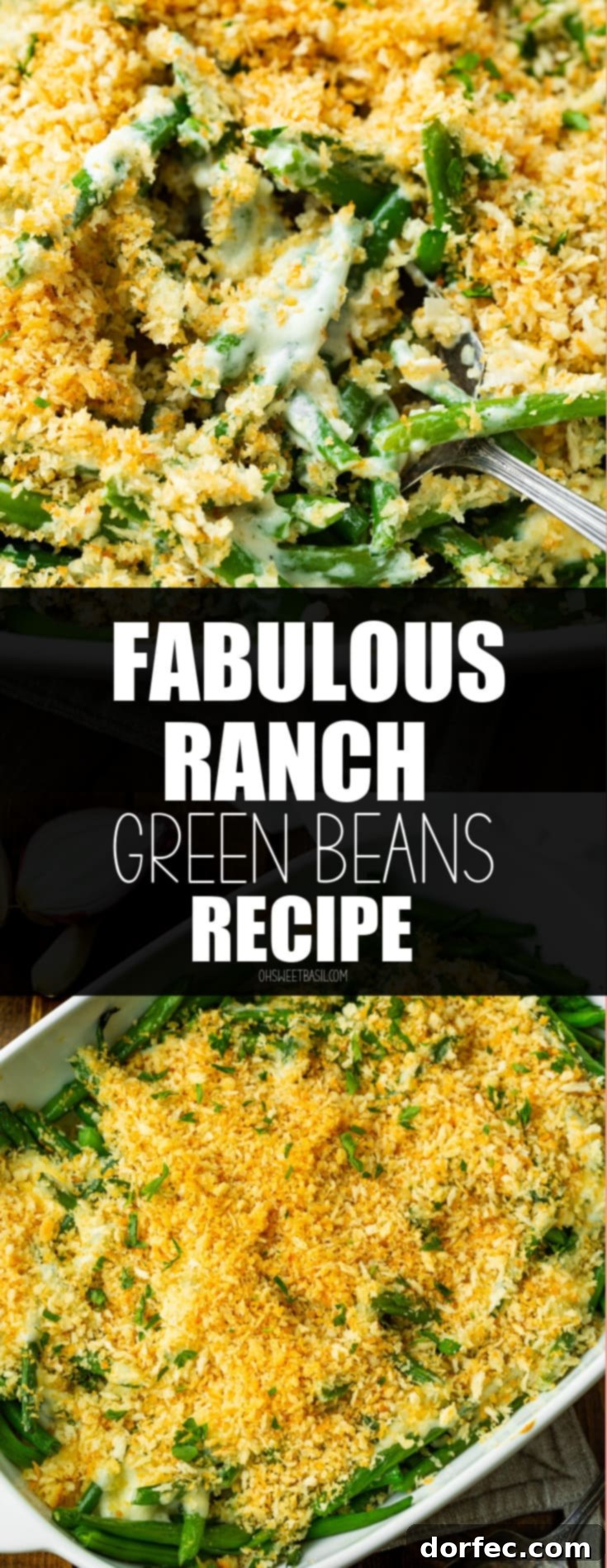 A close-up photo of green beans mixed with a creamy ranch sauce, all topped with a golden crunchy panko topping, emphasizing texture.