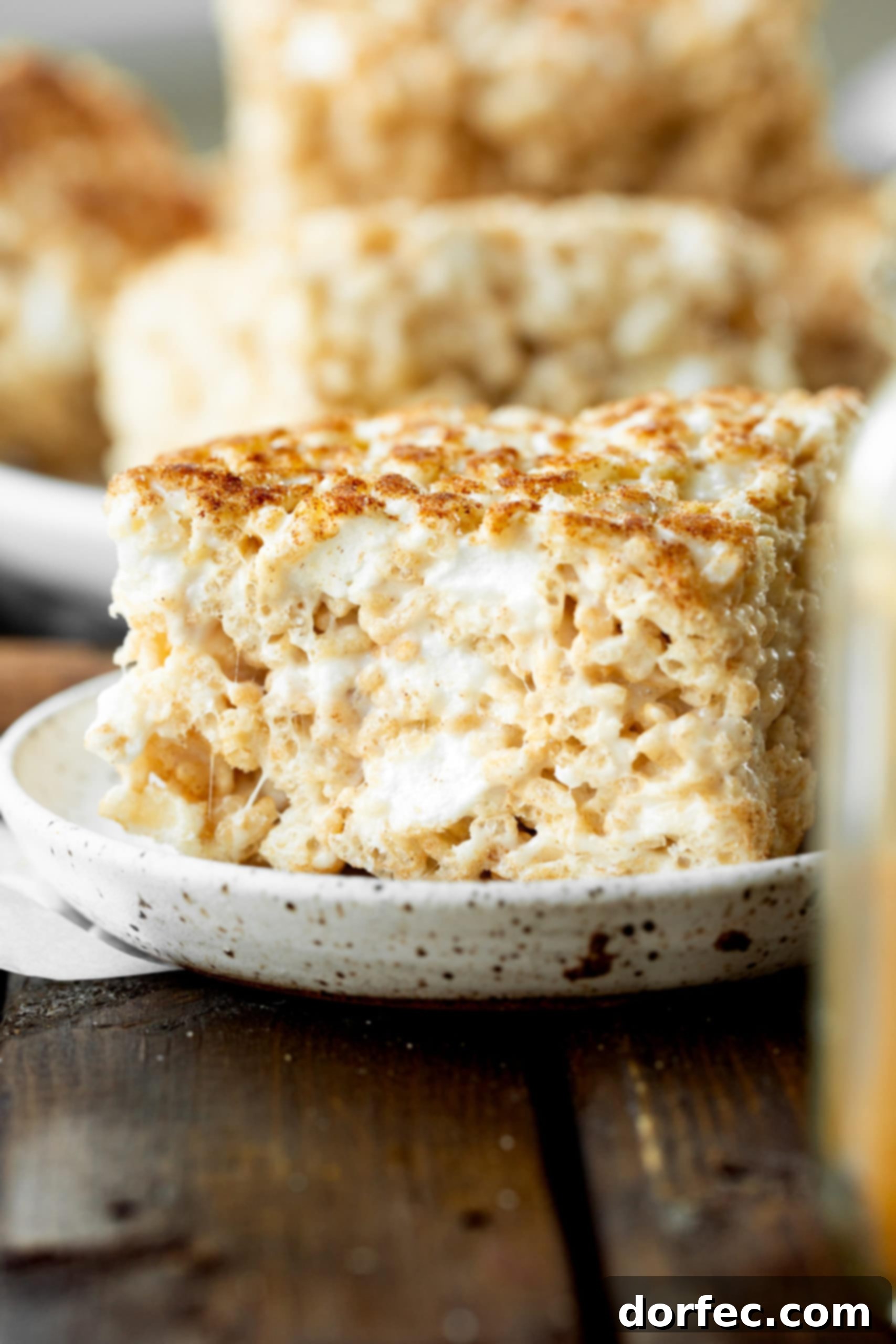 A close-up photograph of a single, generously sized Churro Rice Krispie Treat, showcasing its wonderfully gooey marshmallow interior and a lavish dusting of cinnamon sugar. It rests delicately on a small saucer, inviting a sweet indulgence.