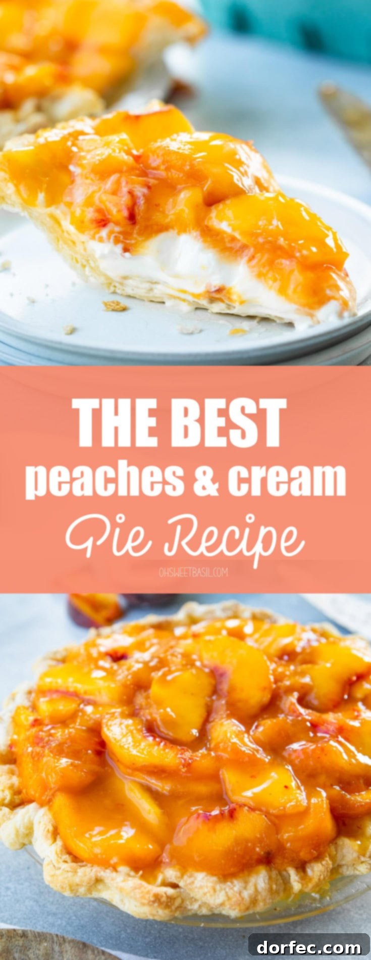 A beautiful, individual slice of creamy peach pie on a small white dessert plate. The pie features a rustic, golden-brown crust, a thick layer of creamy filling, and is generously topped with glistening, sweet peach slices. This inviting dessert captures the essence of summer.