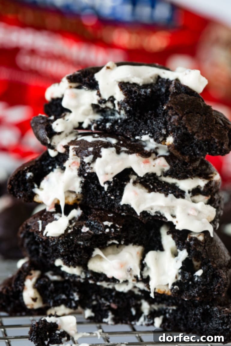 a stack of warm dark chocolate peppermint cookies on a cooling rack