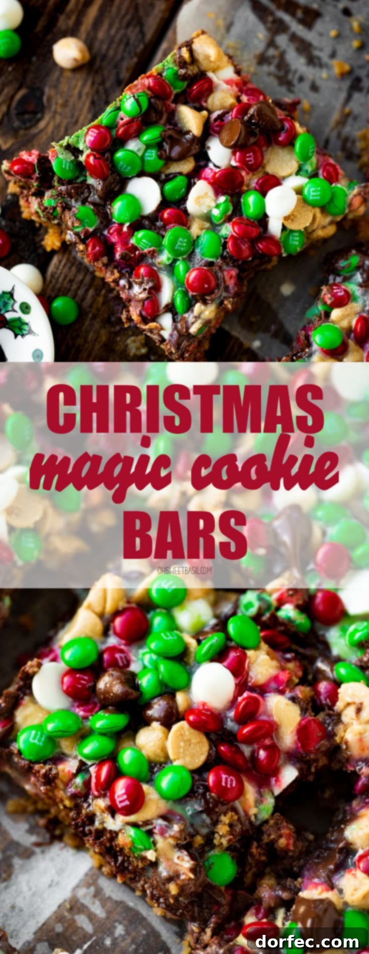 A photo of a Christmas magic cookie bar that has been topped with festive M&M's, white chocolate chips, peanut butter chocolate chips and semi-sweet chocolate chips.