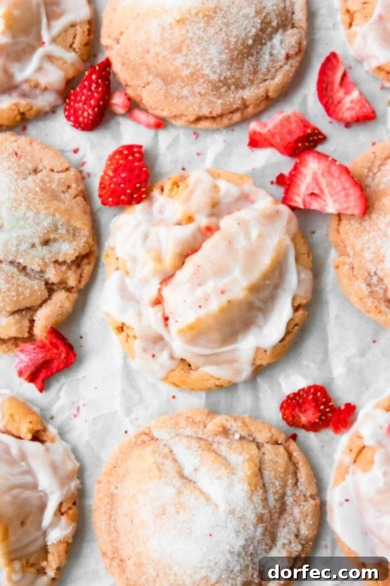 A photo showcasing several freshly baked strawberry cookies artfully arranged on white parchment paper. Some cookies are adorned with a delicate white glaze, while others are generously rolled in sparkling sugar, highlighting their inviting texture and natural pink hue.